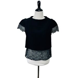 Maje Top Blouse Womens 3 Large Black Lace Cropped Zip Cupro Made In France Lined